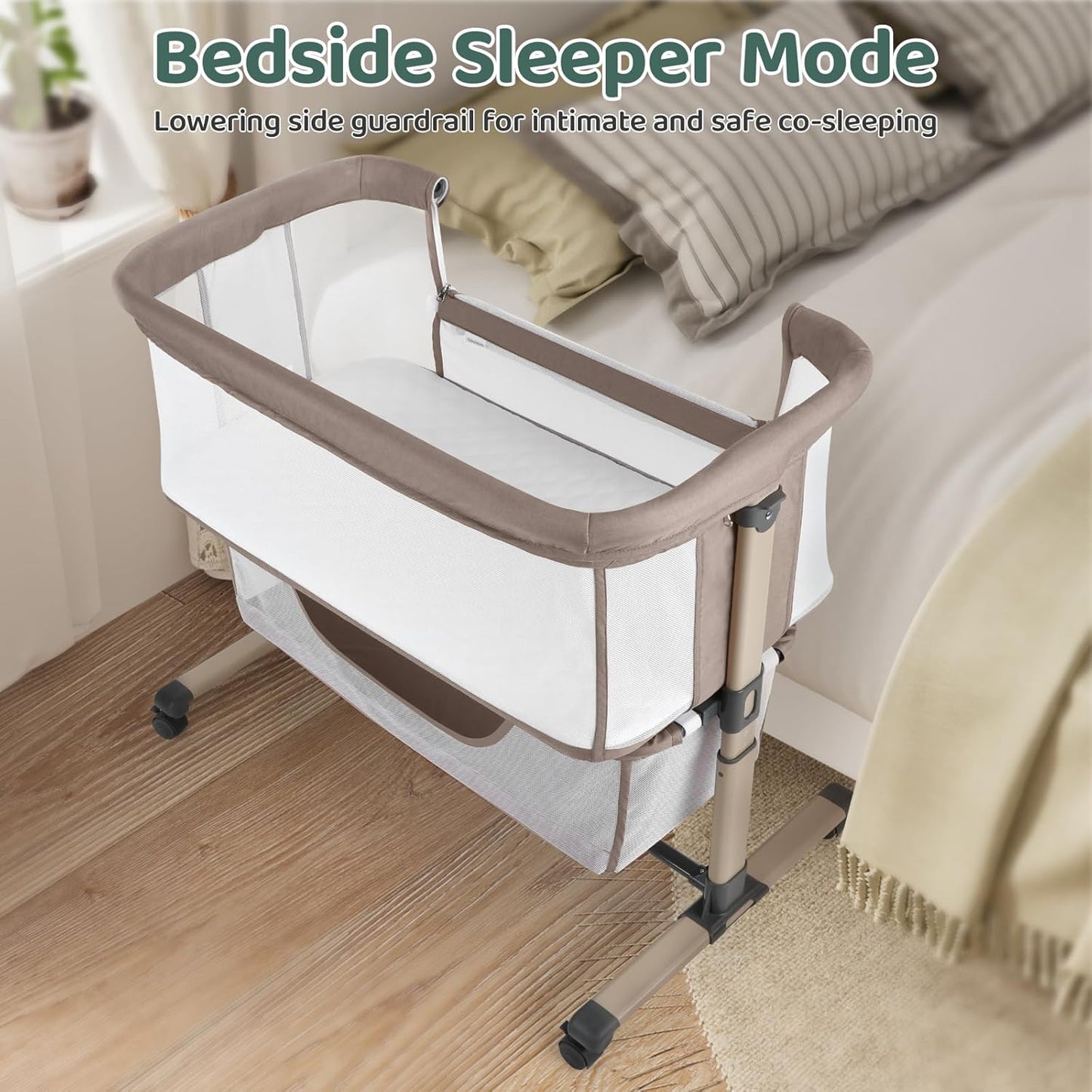 Cowiewie Bassinet Bedside Sleeper, Portable, Breathable, Adjustable Baby Bedside Bassinet for Peaceful Nights, Light Grey