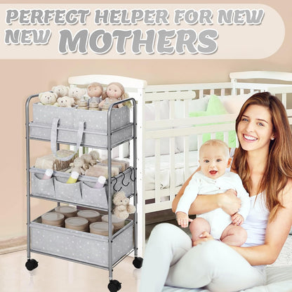 Yookeer 2in1 Baby Diaper Caddy Organizer Cart 3 Tier Large Capacity Metal Utility Bedside Rolling Cart with Divider Newborn Registry Gift Nursery Essential Must Have Bedroom Baby Shower(Gray,Star)