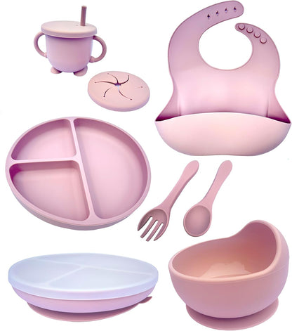 Kotaria 9 Piece Pink Toddler Silicone Dinner Set. Includes Bib, Suction Compartment Plate with lid, Cup with Straw and lid for Snack time, Bowl, Fork and Spoon.