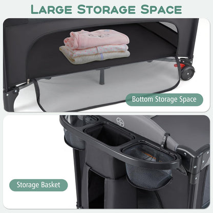 INFANS Baby Bassinet, 4 in 1 Nursery Center Pack and Play Baby Playard with Changing Table, Mosquito Net, Storage Basket, Travel Bag for Newborn 0-36 Months (Gray)