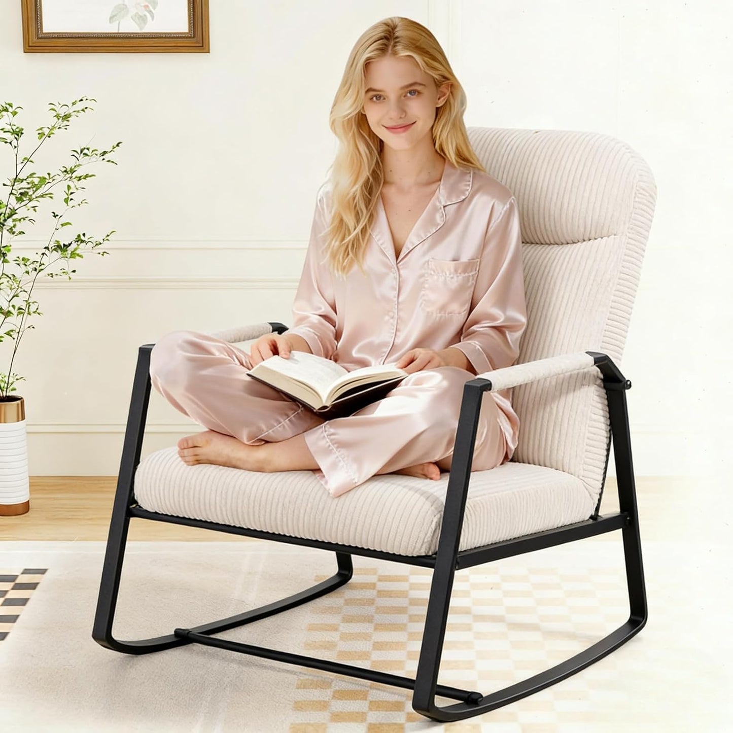 HOMEFUN Nursery Rocking Chair,Patio Rocking Chair,Upholstered Glider Rocker with Padded Seat and High Backrest Safe and Comfy Armchair for Living Room Office,Front Porch, Garden, Patio, Backyard Cream