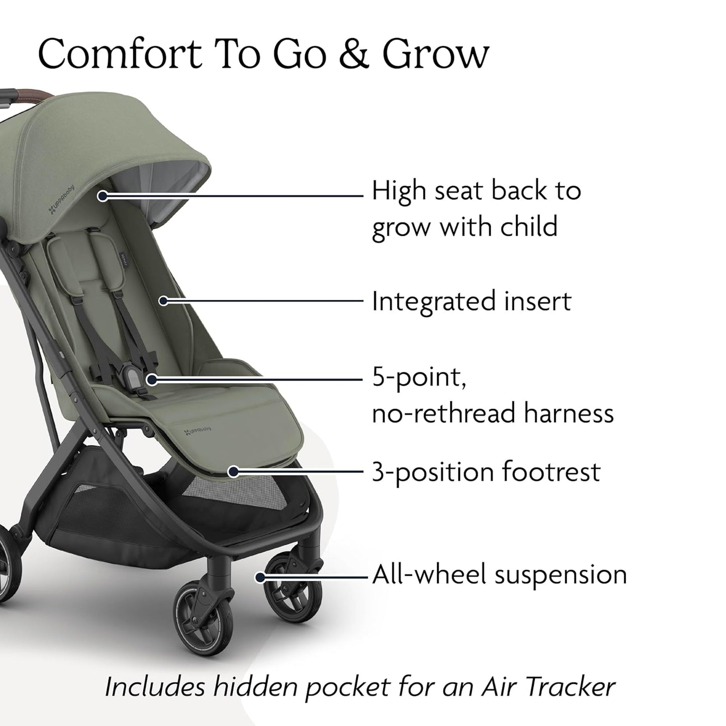 UPPAbaby Minu V3 Travel Stroller | Lightweight + Compact Design | One-Hand Fold + Unfold | from Birth + Overhead Compatible | Evelyn (Meadow Green/Carbon Frame/Chestnut Leather)