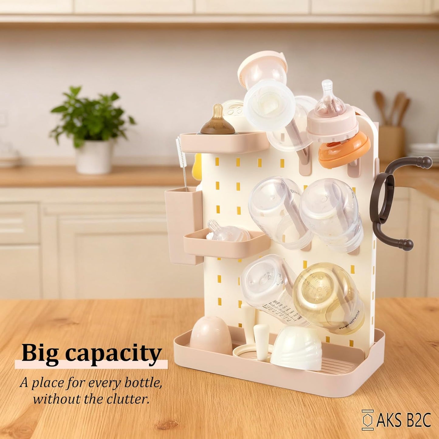 Baby Bottle Drying Rack Space Saving Countertop Vertical Rack with Brushes Holder (Pink)