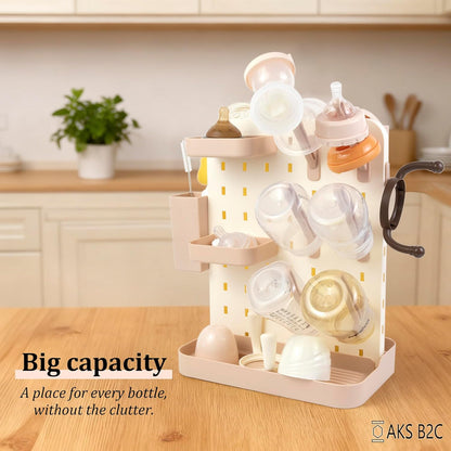Baby Bottle Drying Rack Space Saving Countertop Vertical Rack with Brushes Holder (Pink)