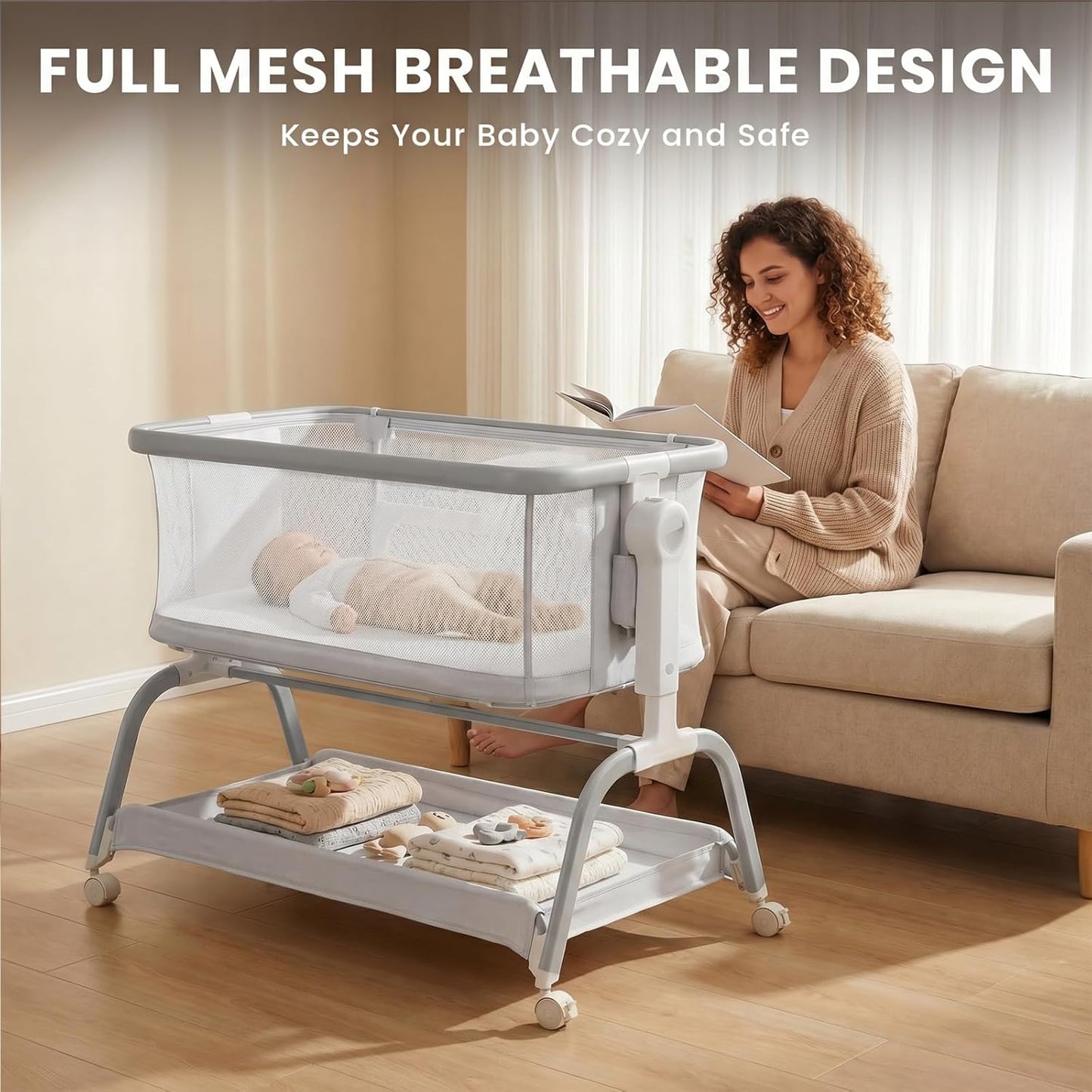 3 in 1 Baby Bassinet,Rocking Bassinets Bedside Sleeper with 6 Adjustable Heights,Breathable Full-Mesh,Comfortable Mattress & Lockable Wheels,Stable Rolling Portable Crib for Newborns(Gray) | Breathable Full Mesh, V-Shaped Structure