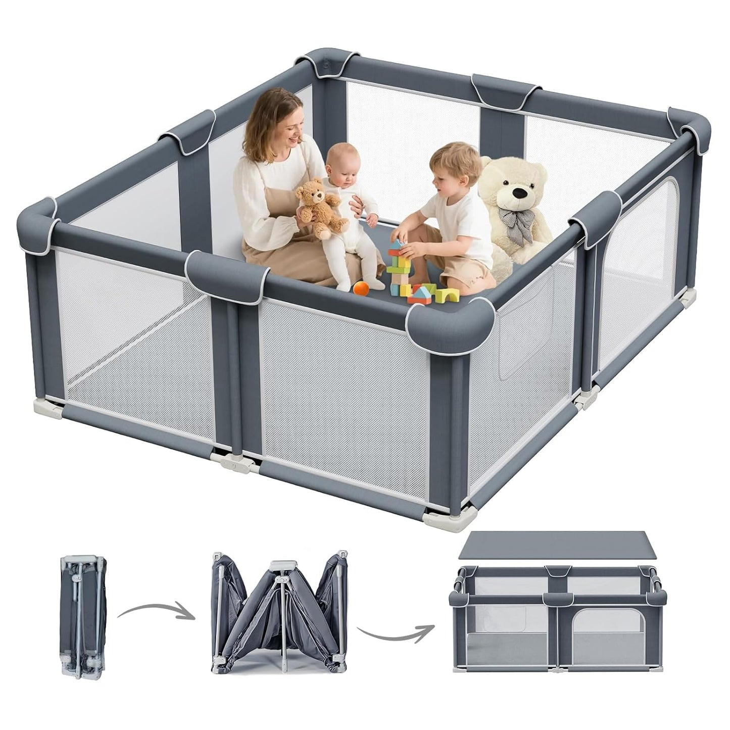 G TALECO GEAR Foldable Playpen for Babies and Toddlers, 71"x79" Portable Play Yard with Mat, Kids Collapsible Play Pen with Sturdy Metal Frame & Mesh Walls, Indoor & Outdoor Baby Fence Play Area