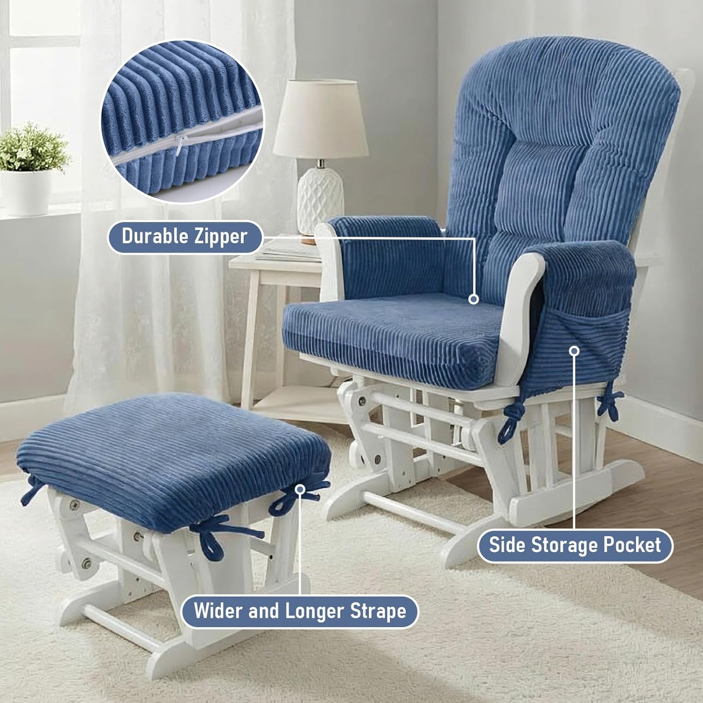 5PCS Glider Rocker Replacement Cushions with Storage Side Pockets, Thickened 3.5IN Seat & Supportive Striped Plush Rocking Chair Cushion Set with Ottoman Cover for Indoor Nursery, Beige