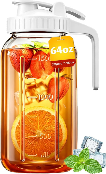 64oz Glass Breast Milk Pitcher with Lid & Pour Spout, 2 Quart Airtight Leakproof BreastMilk Fridge Storage Container - Wide Mouth, Dishwasher Safe Formula Pitcher with Handle
