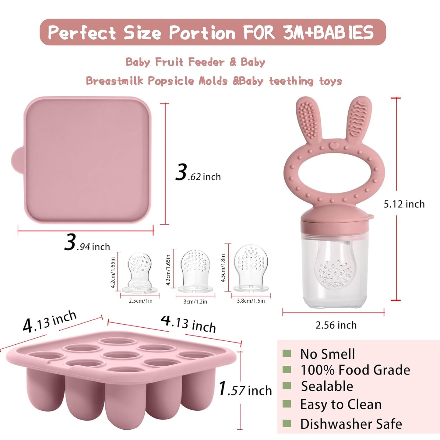 WAJIAYON Baby Breastmilk Popsicle Molds & Baby Fruit Feeder (4 Pack), Infant Food Freezer Tray Storage Containers, Silicone Teething Pacifier Feeder and Teether for Babies（Pink&Purple）