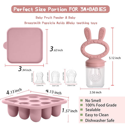 WAJIAYON Baby Breastmilk Popsicle Molds & Baby Fruit Feeder (4 Pack), Infant Food Freezer Tray Storage Containers, Silicone Teething Pacifier Feeder and Teether for Babies（Pink&Purple）