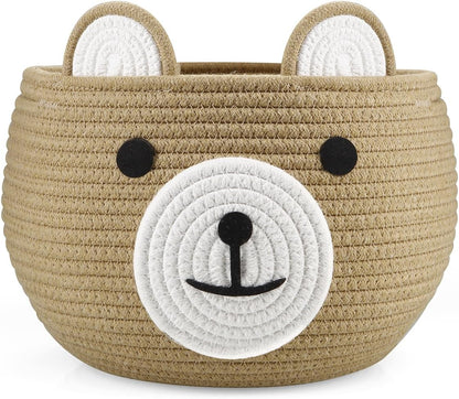 PandaEar Cotton Rope Baby Basket, Baby Gift Basket Nursery Laundry Organizer with Cute Bear Design for Storage Infant Newborn Essentials, Diaper Caddy with Handle (Pink)