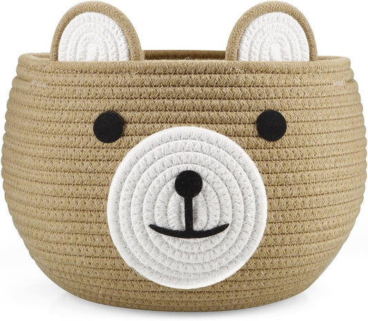 PandaEar Cotton Rope Baby Basket, Baby Gift Basket Nursery Laundry Organizer with Cute Bear Design for Storage Infant Newborn Essentials, Diaper Caddy with Handle (Pink)