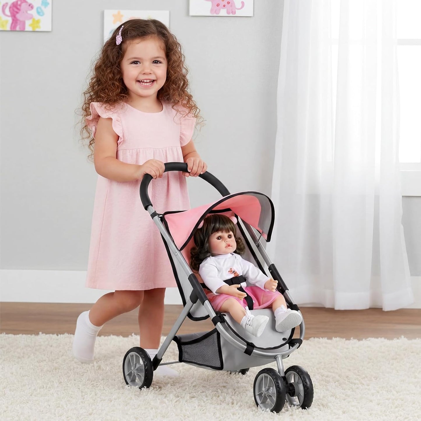 GAGAKU Baby Doll Stroller for Toddlers, Foldable Toy Stroller with Storage Basket and Bag, Diapers - Reborn Doll Accessories for Girls & Kids Ages 3+, Pink