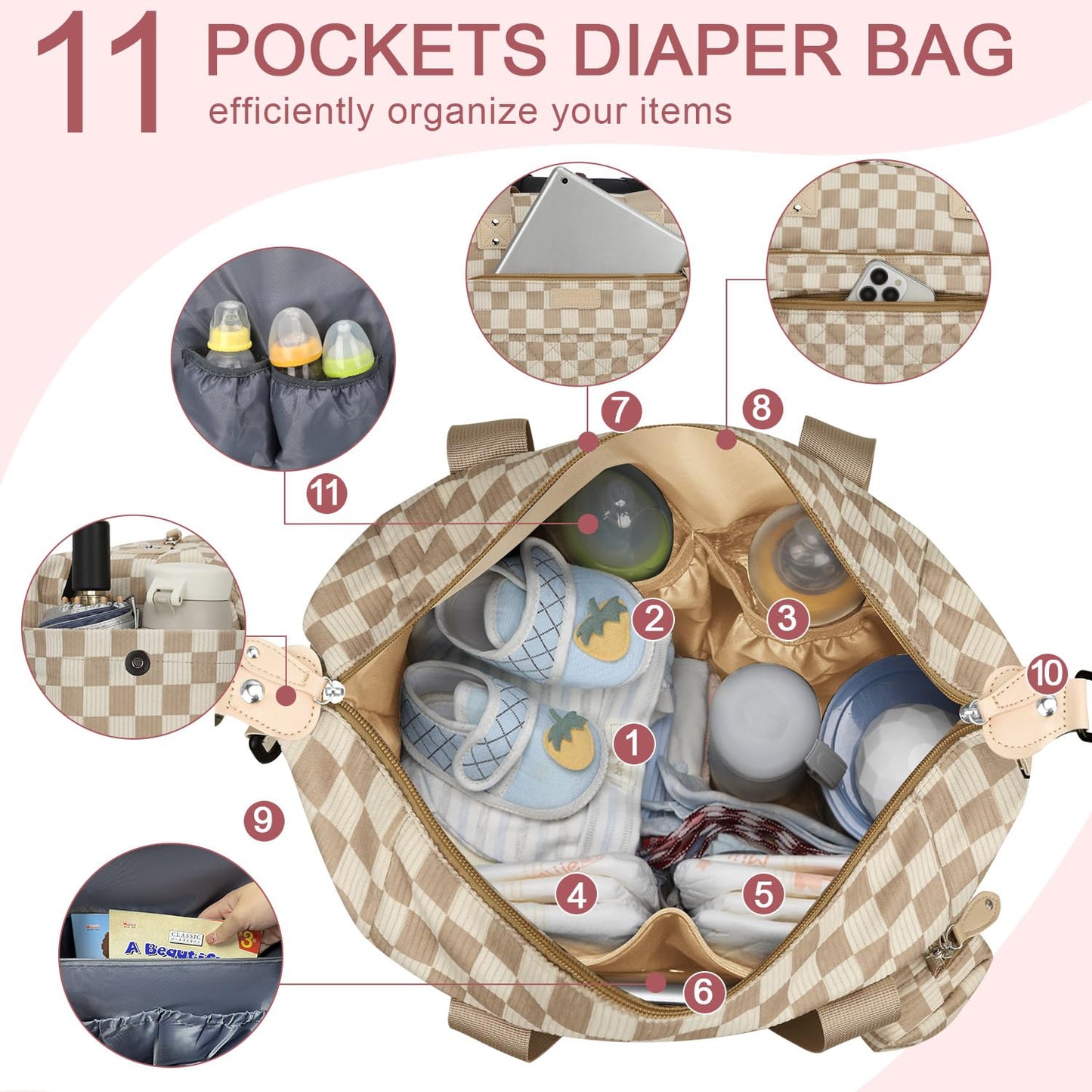 Pritent Diaper Bag Tote - Diaper Baby Bags with Pacifier Case, Shoulder Straps, Stroller Clips, Waterproof Large Mommy Maternity Travel Baby Bag for Mom and Dad, Green, Medium