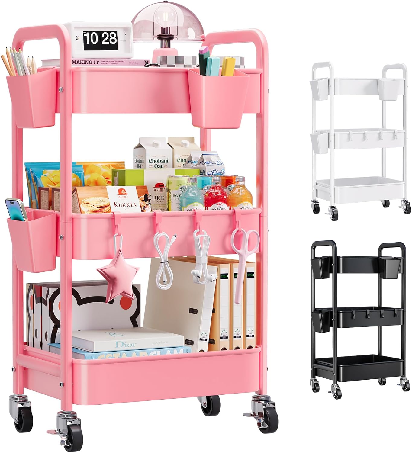 Beige 3 Tier Rolling Cart Metal on Wheels, Three Tiered Storage Organizer Utility Trolley with Wheels for Art, Craft, Baby Diaper Caddy, Snack, Book, Nail, Lash, Cleaning Supplies, Kitchen, Bathroom