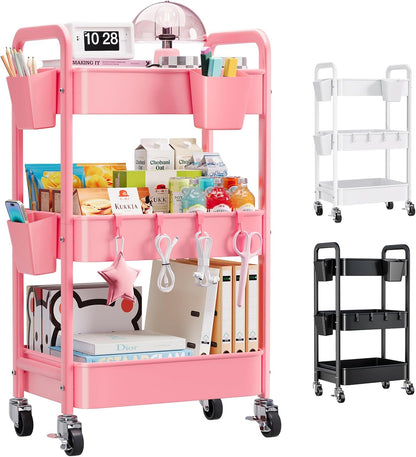 Beige 3 Tier Rolling Cart Metal on Wheels, Three Tiered Storage Organizer Utility Trolley with Wheels for Art, Craft, Baby Diaper Caddy, Snack, Book, Nail, Lash, Cleaning Supplies, Kitchen, Bathroom