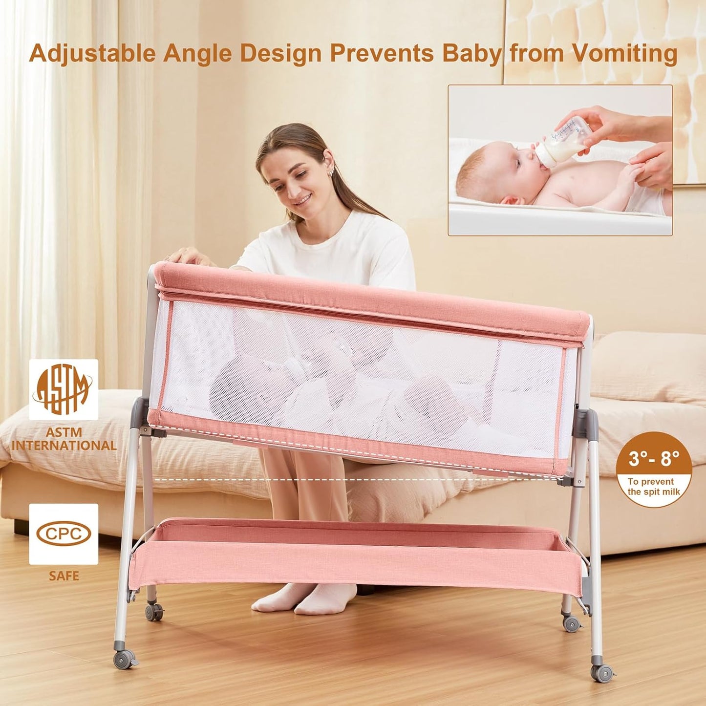 ANGELBLISS Baby Bassinet Bedside Crib with Storage Basket and Wheels, Easy Folding Bed Side Sleeper Adjustable Height Portable Crib for Newborn (Pink)