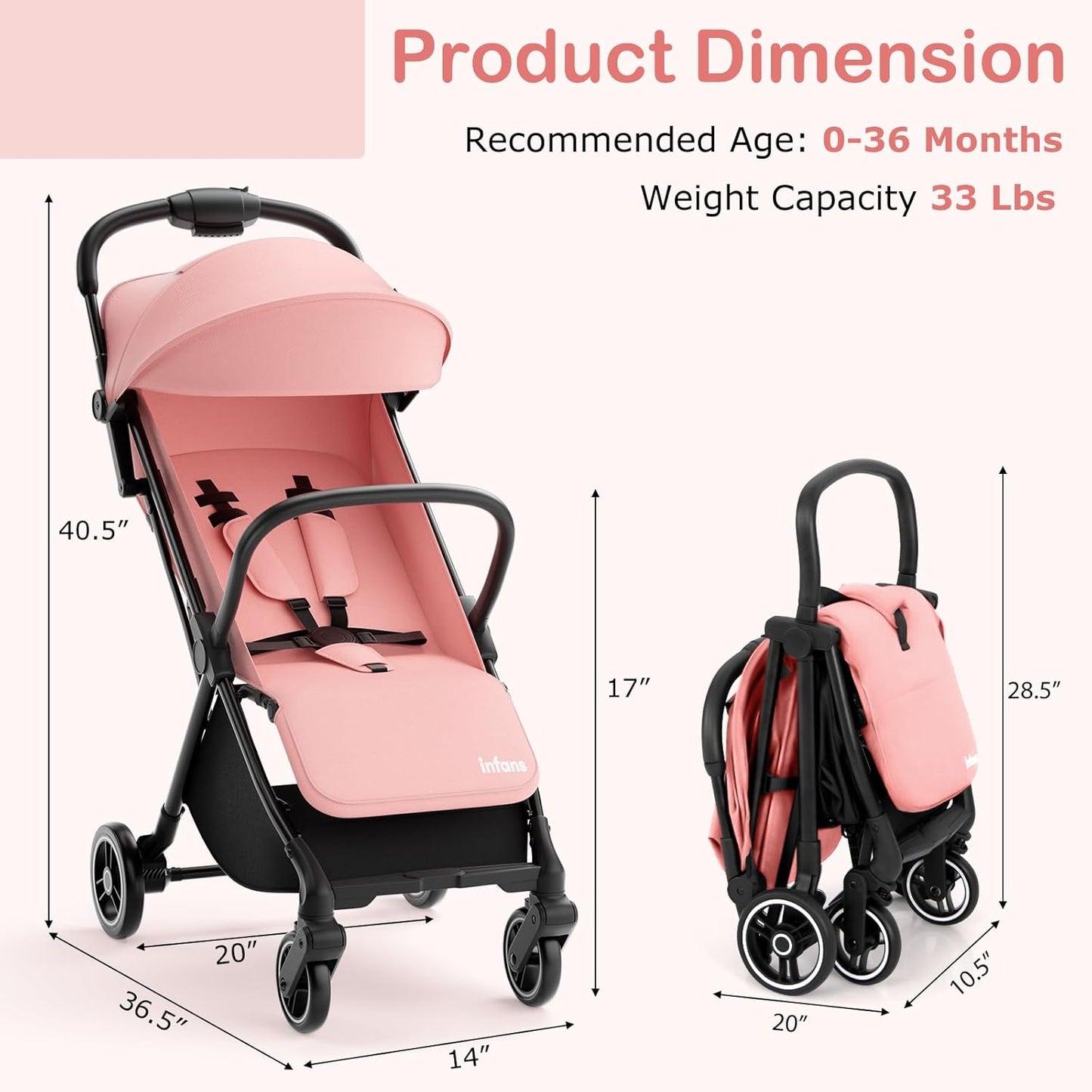 INFANS Ultra-Compact Fold Airplane Ready Travel Stroller, One-Hand Gravity Fold Near Flat Recline Seat, Foldable Toddler Stroller for Infant 6-36 Month