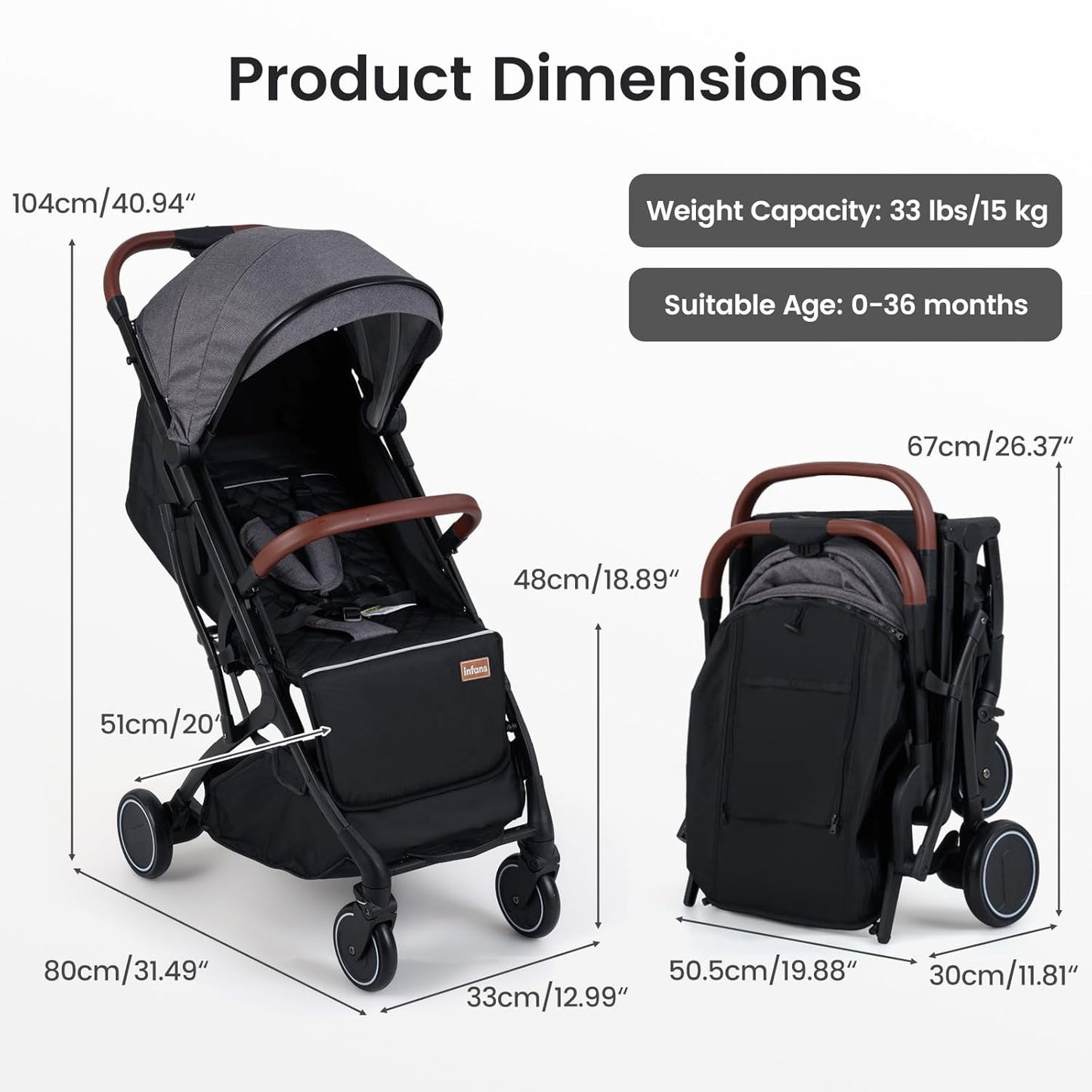 INFANS Travel Stroller, Lightweight Compact Baby Stroller for Airplane with One-Hand Fold, Multi-Position Recline, Canopy, 4 Wheel Suspension, Storage Basket (Grey+Black)