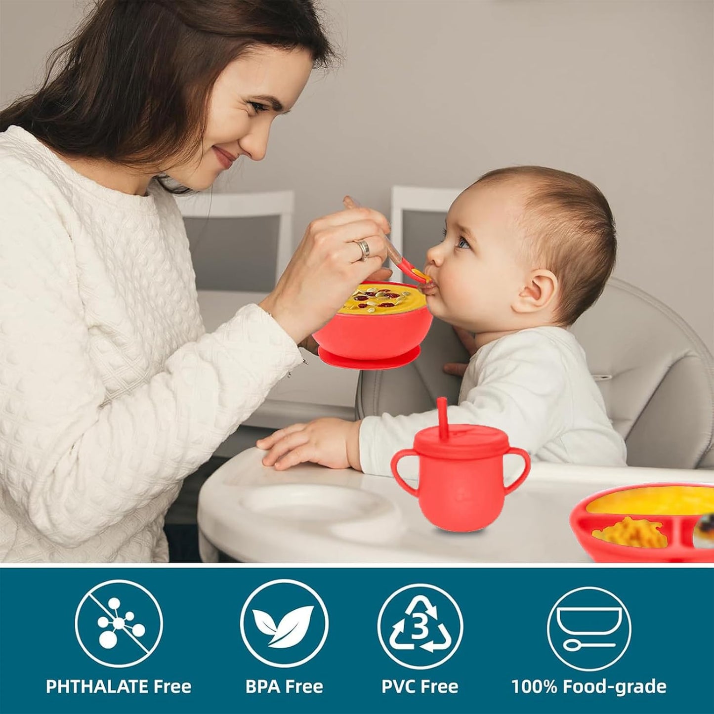 100% Silicone Baby Feeding Set, BPA Free Baby Dishes with Suction Bowl, Divided Plate, Toddler Self Feeding Dish Set with Spoons, Forks, Sippy Cup and Bib, Baby Eating Utensils (Navy Blue)