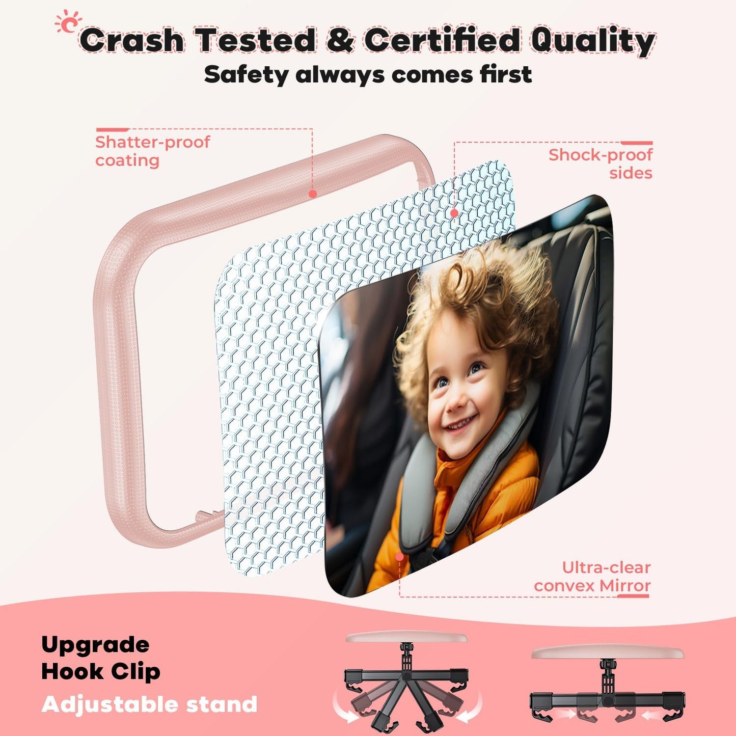 Baby Car Mirror for Baby Car Seat Safely Mirror Hook Clip Design for Rear Facing Infant Newborn 360° Rotation Baby Backseat Mirror Wide Clear View Shatterproof Easy Install Baby Essentials - Pink
