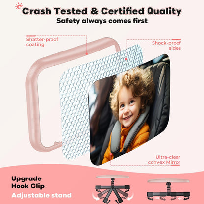 Baby Car Mirror for Baby Car Seat Safely Mirror Hook Clip Design for Rear Facing Infant Newborn 360° Rotation Baby Backseat Mirror Wide Clear View Shatterproof Easy Install Baby Essentials - Pink