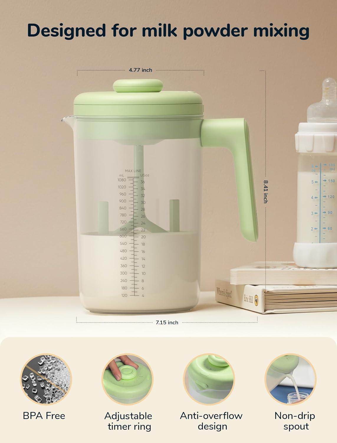 Electric Formula Pitcher, 36 oz Baby Formula Mixing Pitcher, Automatic Baby Formula Mixer, Bidirectional Stirring Breastmilk Pitcher, Locking Lid Smooth Formula Maker Milk Storage for Fridge（Green)
