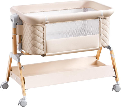 3 in 1 Baby Bassinet Bedside Sleeper,Bedside/Rocking Bassinet for Baby with Waterproof Comfy Mattress and Lockable Wheels,7 Adjustable Height, Easy Folding Portable Crib for Newborn-Khaki