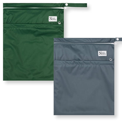 Nora's Nursery Reusable Wet Dry Bag for Cloth Diapers, Washable Pod with Large Zipper Opening, 2-Pack Waterproof Diaper Pods with Detachable Snap, Wet Bags for Cloth Diapers