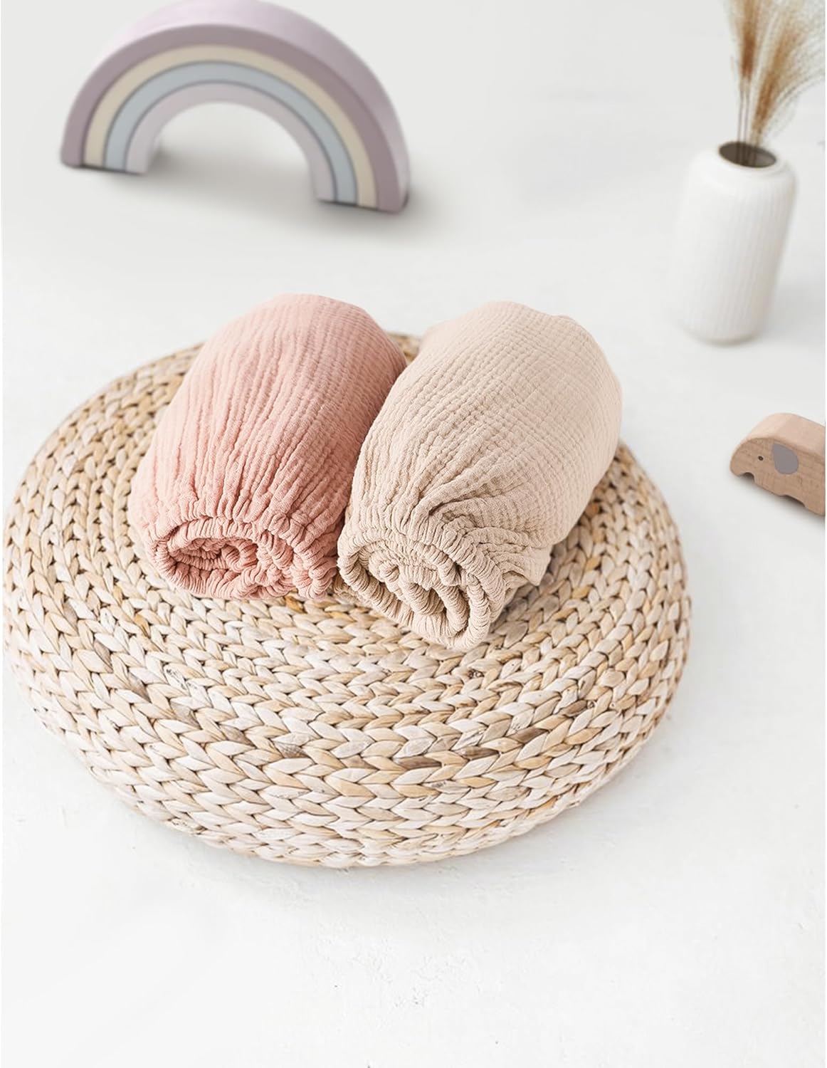 MairMore 2 Pack Muslin Fitted Bassinet Sheets for Babies, Soft & Breathable 100% Cotton Bedside Sleeper Bassinet Sheet, Moses Basket Oval Rectangle Pad/Mattress (Pink Blossom)
