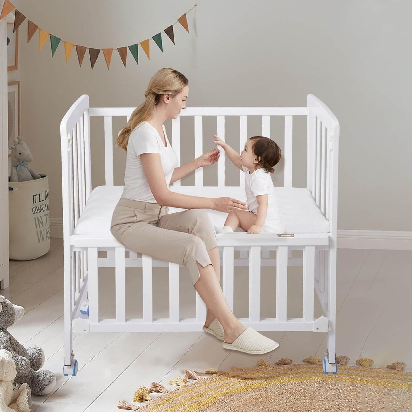 Flwrgirl Baby Bassinets Bedside Sleeper - Portable Pine Wood Bedside Bassinet with Mattress,3 Heights Small Mini Crib,Baby Crib for Newborns,Unpainted | Pine Wood Bassinet, Mattress Included, 3-IN-1 Convertible, Adjustable Height, Locking Wheels, Portalbe