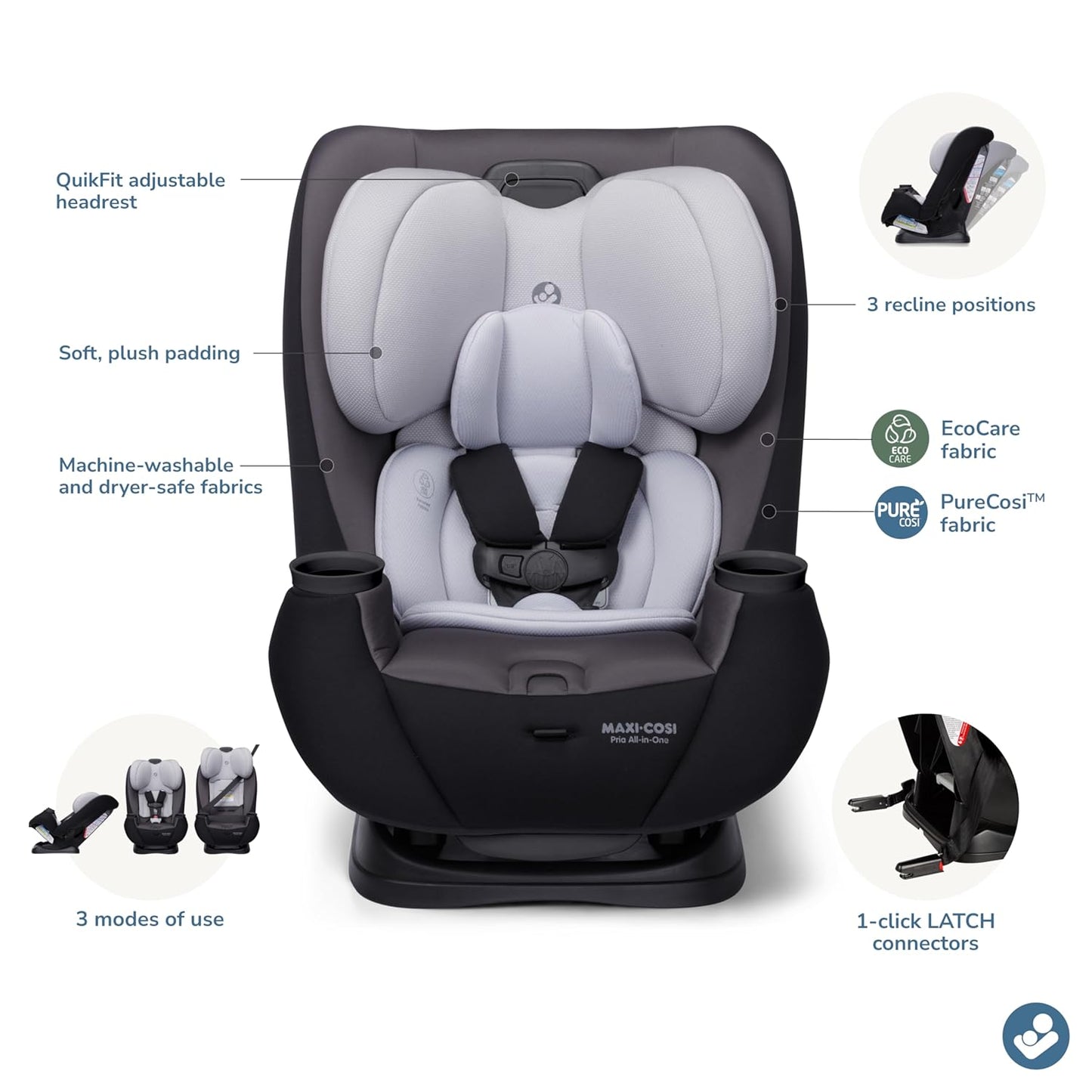 Maxi-Cosi Pria All-in-One Convertible Car Seat, Infant to Toddler Car Seat, Easy-Install Harness, Machine-Washable Cover, 5-100 lbs, Sea Shadow