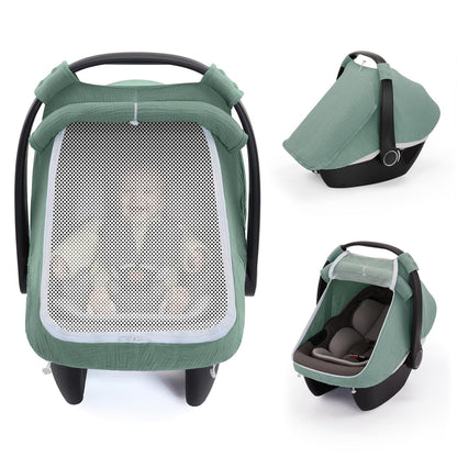Blissful Diary Baby Car Seat Cover, Extra Large Mesh Window, Breathable Muslin Cotton, Infant Windproof Canopy, Agreeable Gray