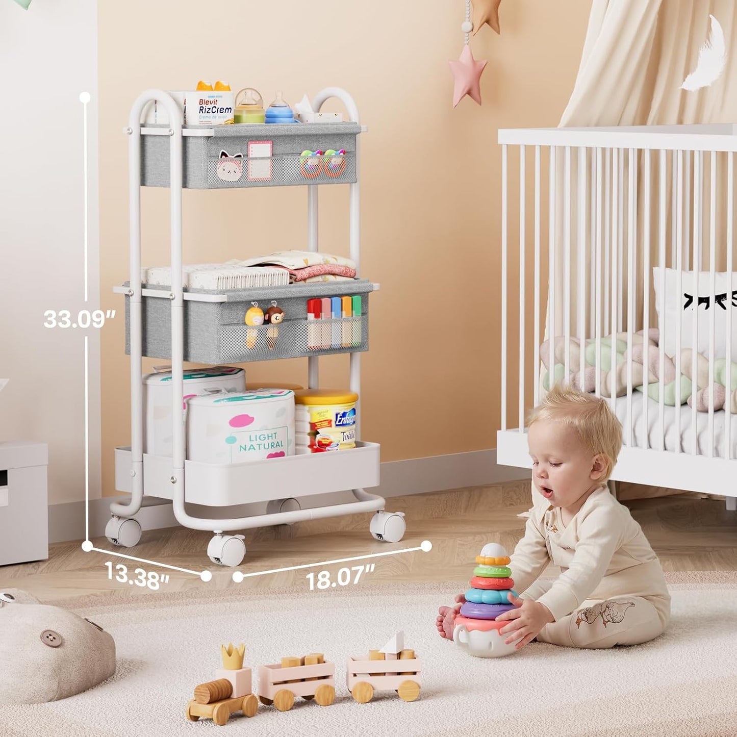 Modanais Baby Diaper Caddy Organizer Cart - 3 Tier Rolling Storage Cart with Wheels, Baby Essentials for Nursery Storage, Detachable Dividers - for Crib, Bedroom, Art & Craft Organizer (Black)