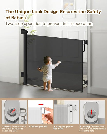 Retractable Baby Gate - 55" Wide Mesh Pet Gate with Anti-Crawling Hook, Safety Lock, One-Hand Operation, 34" Tall Baby Gate for Stairs, Doorways, Hallways, Garage, Indoor Outdoor, Black