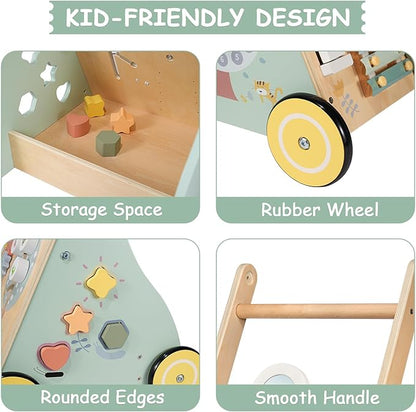 GiggleGems Wooden Baby Walker, Multiple Learning Activities Center Develops Motor Skills for Infant to Toddler, Push and Pull Walkers with Wheel for Boys Girls