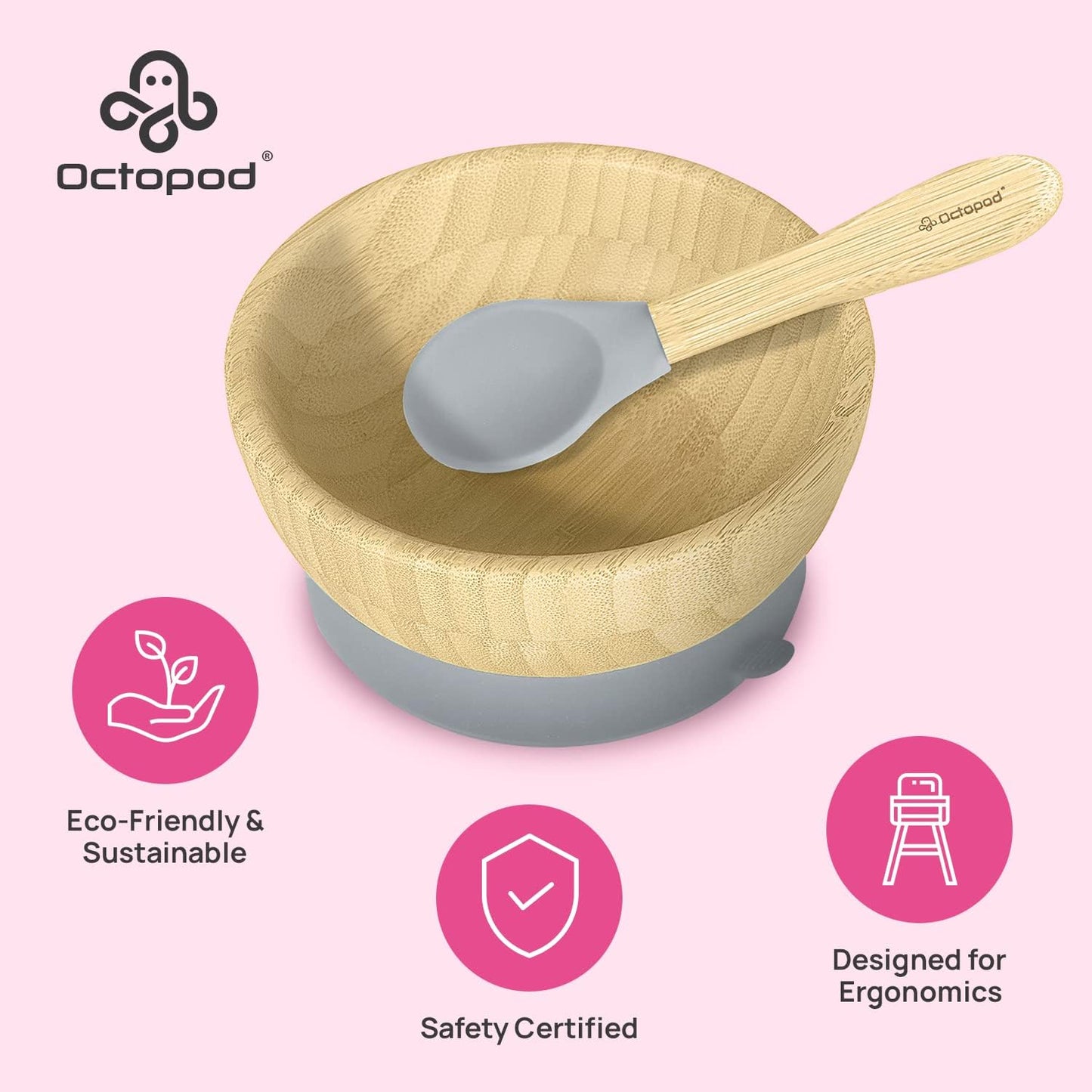 Abiie Octopod Bamboo Baby Bowl Set for 4 Months and Up – Mess-Free High Chair Suction Bowl with Spoon for Toddlers and Kids - Ergonomic Baby Feeding Essentials - 5.7" x 3" x 5.7" - Pink