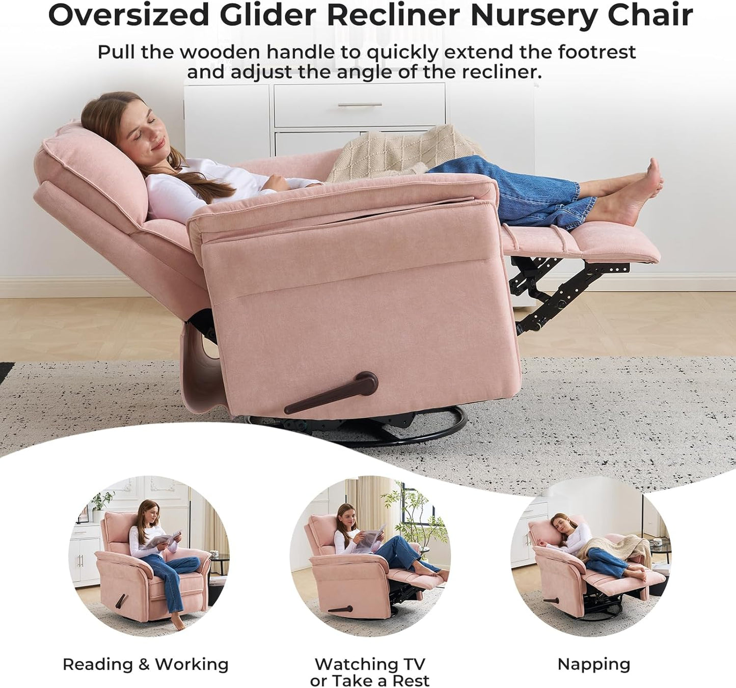 Oversized Glider Rocker Recliner, 26" Extra Wide 360° Swivel Nursery Recliner with Adjustable Headrest, Chenille Rocking Nursery Chair with Overstuffed Armrest, Lumbar Support, Light Grey
