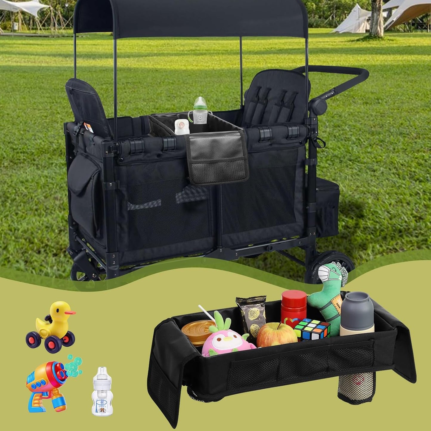 Stroller Snack Tray with Anti-Falling Bottle Holders for Wonderfold Wagon,Waterproof Faux Leather Interior,Easy to Install and Remove( W1,W2)