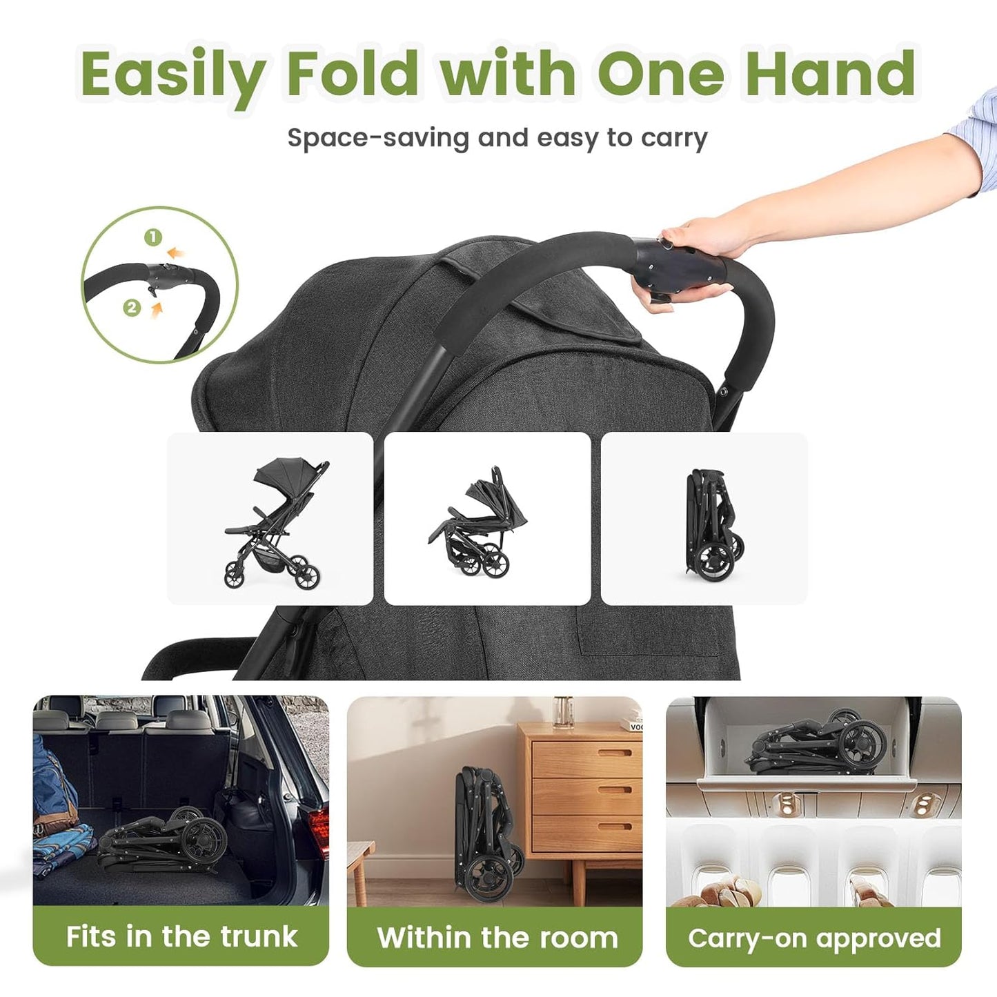 Compact Baby Stroller, Travel Toddler Seat Pushchair with Shock Absorbing Wheels, Foldable Infant Stroller with Canopy, One Button Brake, Convertible Infant Stroller for Toddler (Dark Grey)
