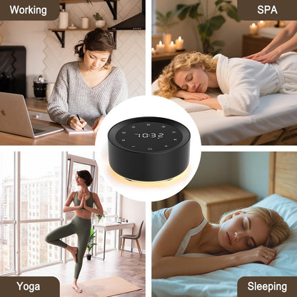 White Noise Machine with Alarm Clock & Night Light for Babies and Adults, 20 Soothing Sounds, Glare-Free Upward Display, Touch Control, Memory Function, 5 Sleep Timers, Black