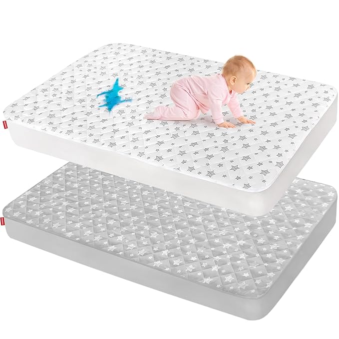 Waterproof Pack and Play Mattress Pad Protector 39" x 27" 2 Pack, Compatible with Graco Pack n Play, Playard Mattress Protector, Grey & White Star