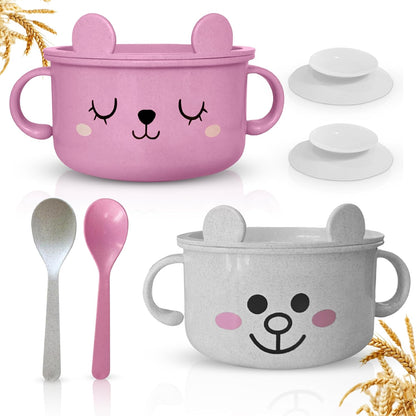 Unbreakable Bowls for Babies & Toddlers with Spoon and Lid, Eco-Friendly Wheat Straw, Stay Put Suction, BPA-Free, Microwave & Dishwasher Safe, Lightweight, No Soap Taste (Blue&White)