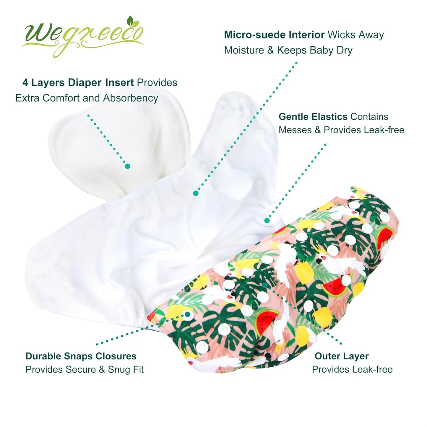 wegreeco Cloth Diapers 6 Pack with 6 Inserts & 1 Wet Bag, Washable Cloth Diapers for Babies, One Size Adjustable Reusable (Flower)