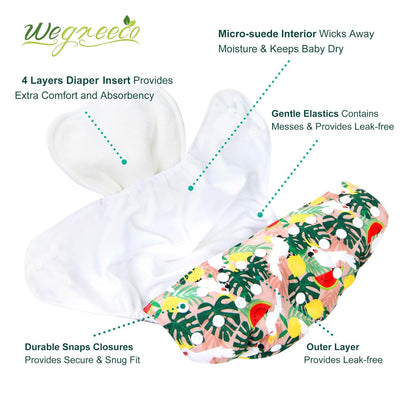 wegreeco Cloth Diapers 6 Pack with 6 Inserts & 1 Wet Bag, Washable Cloth Diapers for Babies, One Size Adjustable Reusable (Flower)