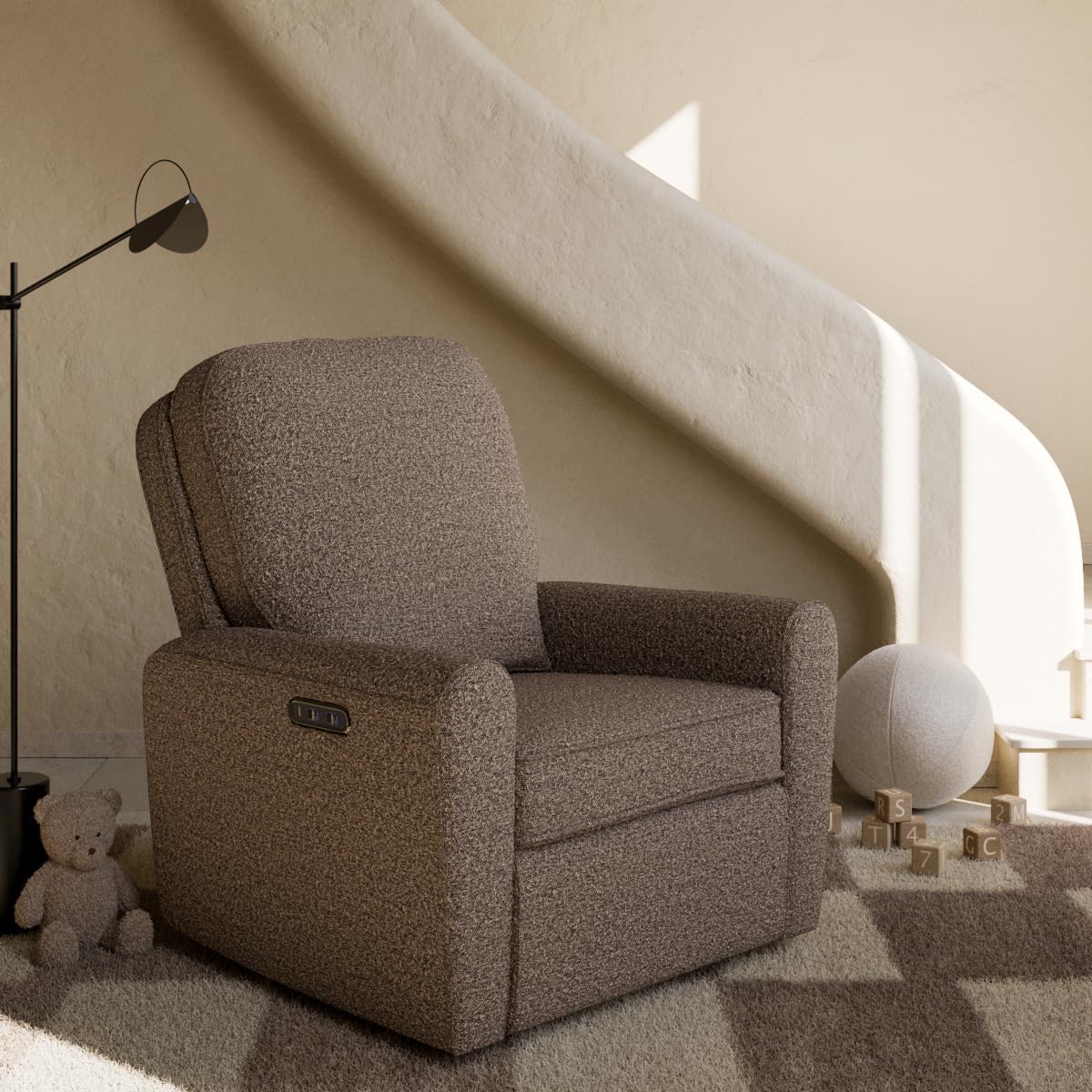 Storkcraft Amalfi Deluxe Power Recliner Swivel Glider – Premium Electronic Nursery Rocking Chair, Oeko-TEX 100 Certified, Includes Dual-USB Charging Port with USB-A & USB-C (Black Boucle)