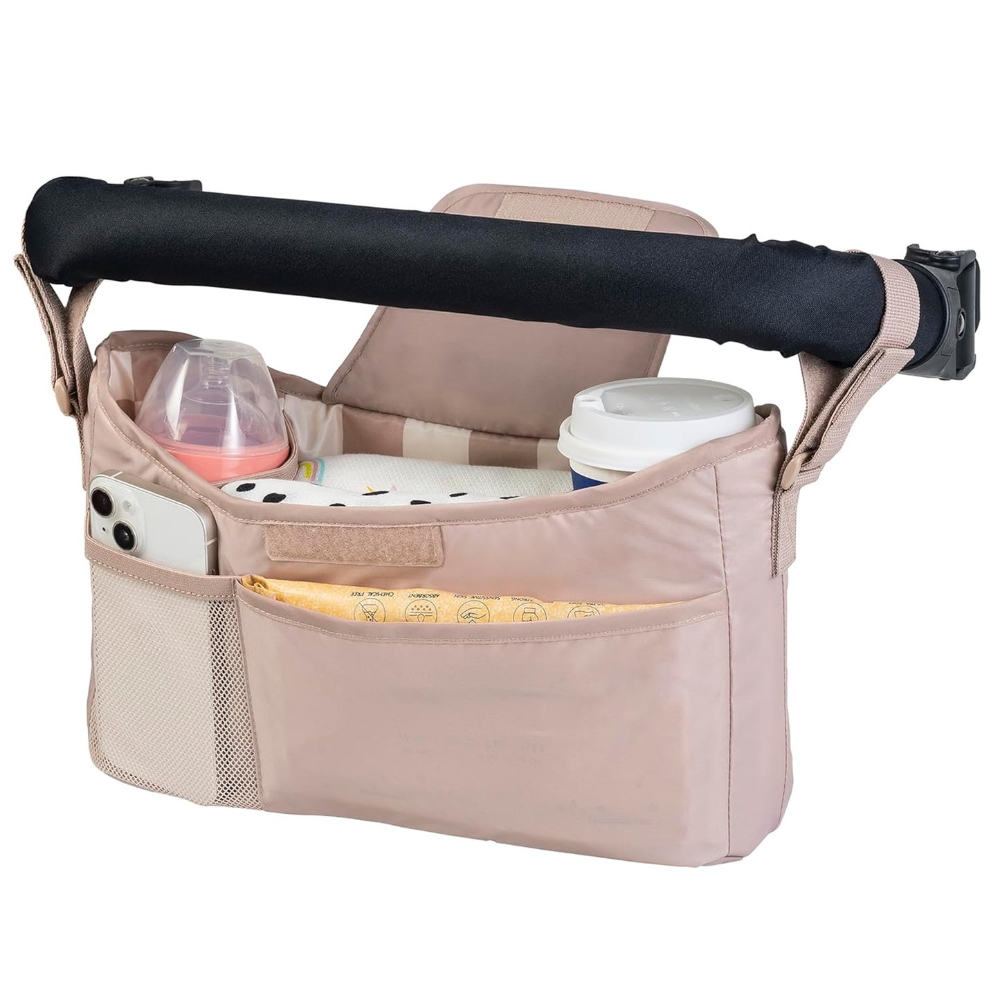 Tiny Twinkle Universal Stroller Organizer with Adjustable Strap - Waterproof Stroller Caddy Fits Baby Jogger, Nuna, Graco, Donna and Bugaboo Strollers（Black）