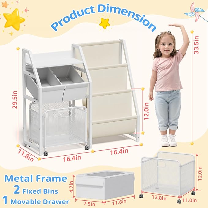 Kids Bookshelf and Toy Storage Organizer - 3 Tier Book Shelf for Kids Rooms with Movable Drawer, Kid Bookcase with 2 Toy Bins, Toddler Baby Childrens Bookshelf, for Bedroom Playroom Classroom (White)