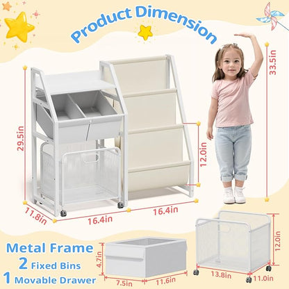 Kids Bookshelf and Toy Storage Organizer - 3 Tier Book Shelf for Kids Rooms with Movable Drawer, Kid Bookcase with 2 Toy Bins, Toddler Baby Childrens Bookshelf, for Bedroom Playroom Classroom (White)