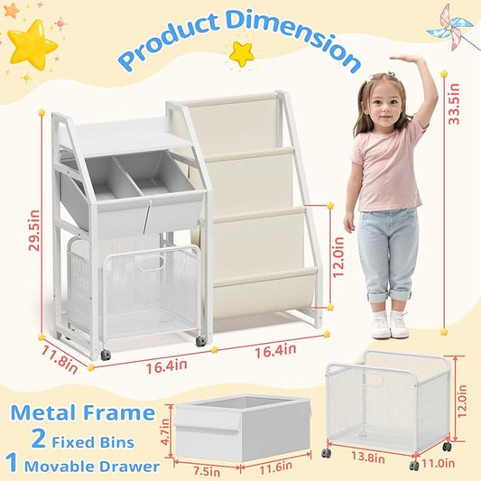 Kids Bookshelf and Toy Storage Organizer - 3 Tier Book Shelf for Kids Rooms with Movable Drawer, Kid Bookcase with 2 Toy Bins, Toddler Baby Childrens Bookshelf, for Bedroom Playroom Classroom (White)